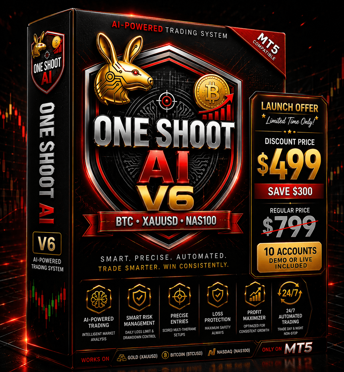 One Shoot AI V6 product box — AI-powered MetaTrader 5 Expert Advisor trading XAUUSD, BTCUSD and NAS100